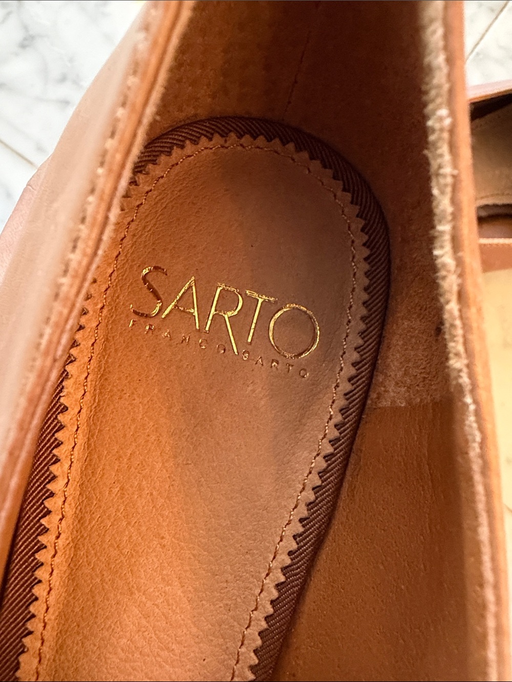SARTO By Franco Sarto Cognac Pointed Toe Loafers w/ Gold Heel - Picture 7 of 7